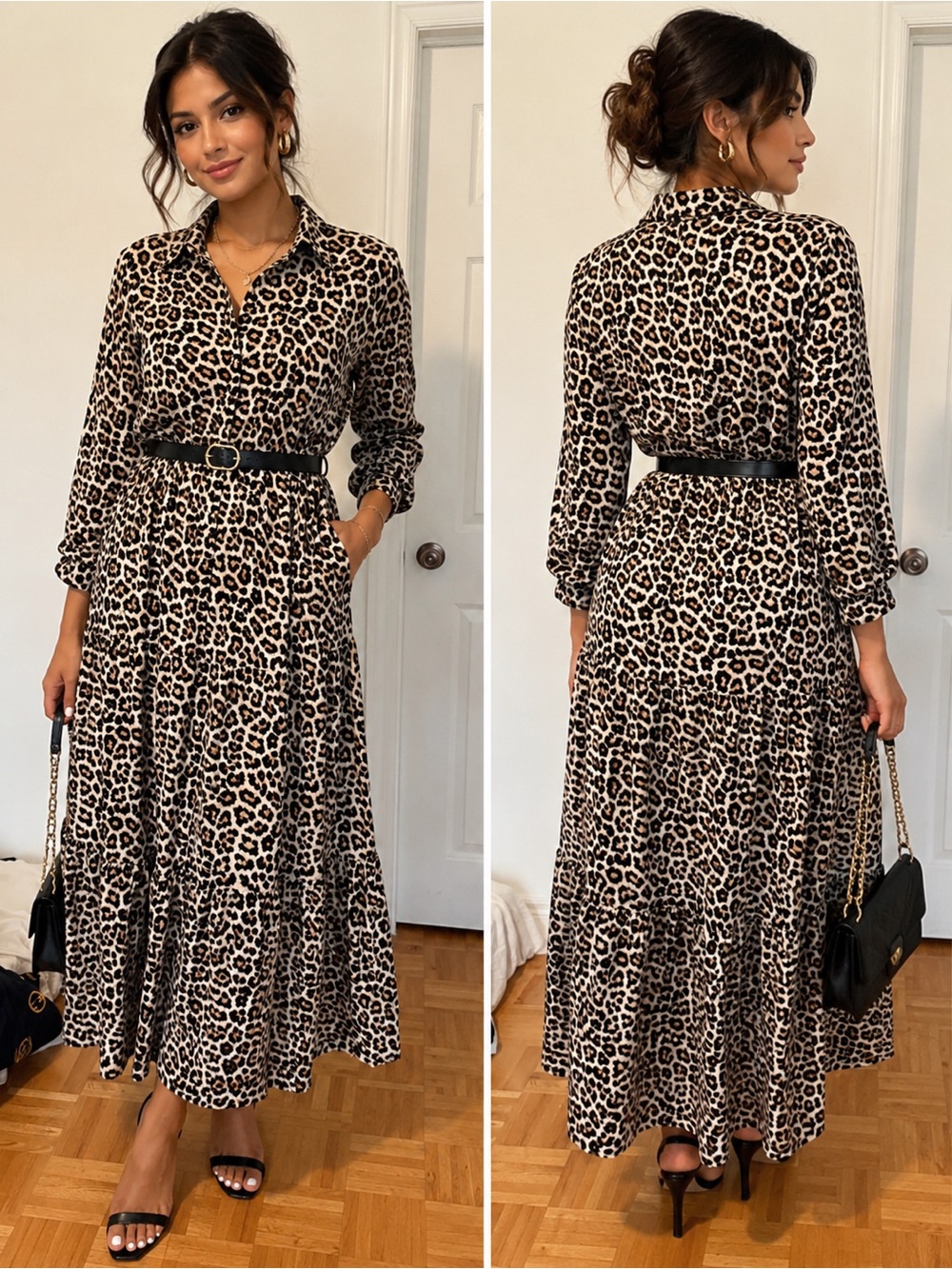 Leopard Print Tiered Maxi Shirt Dress